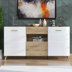 Credenza Bianco Marrone Rovere Nodi un Cassetto 3 Ripiani 173x41.5x87.5h cm, Apertura Battente, a Ribalta, Scorrevole - Morlupo