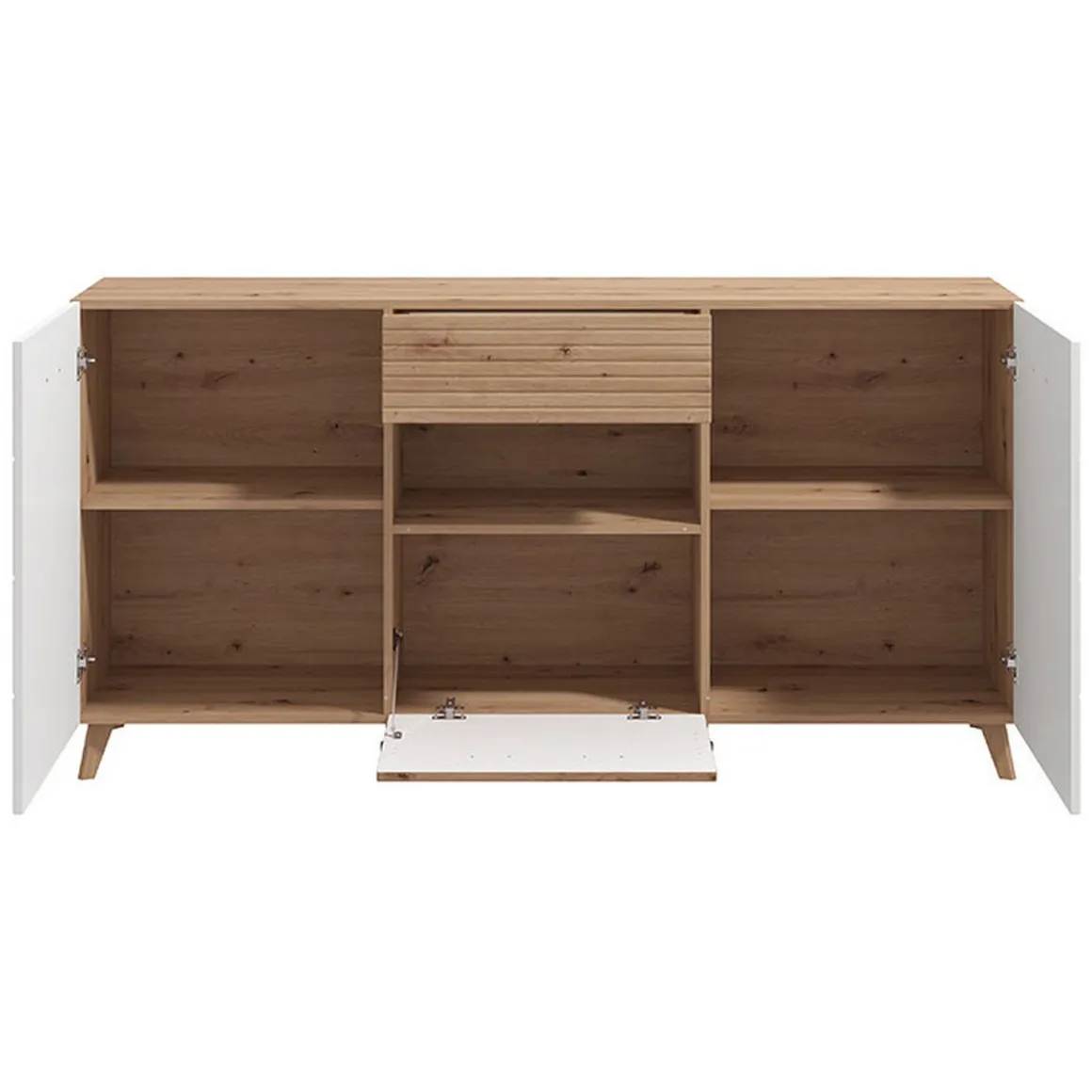 Credenza Bianco Marrone Rovere Nodi un Cassetto 3 Ripiani 173x41.5x87.5h cm, Apertura Battente, a Ribalta, Scorrevole - Morlupo