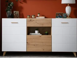 Credenza Bianco Marrone Rovere Nodi un Cassetto 3 Ripiani 173x41.5x87.5h cm, Apertura Battente, a Ribalta, Scorrevole - Morlupo