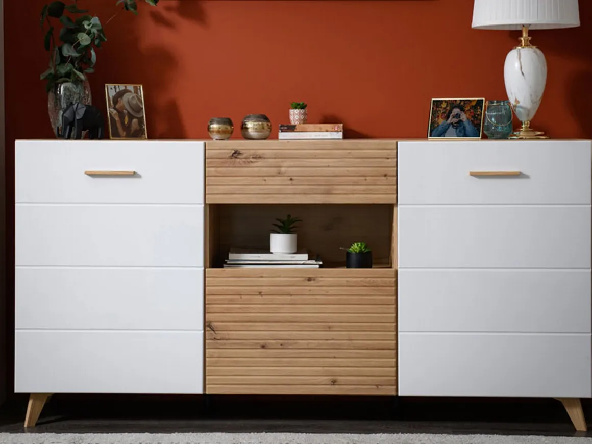 Credenza Bianco Marrone Rovere Nodi un Cassetto 3 Ripiani 173x41.5x87.5h cm, Apertura Battente, a Ribalta, Scorrevole - Morlupo