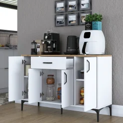Credenza Bianco Marrone Rovere un Cassetto 2 Ripiani 120x40x79h cm, Apertura Battente, Scorrevole - Piobbico