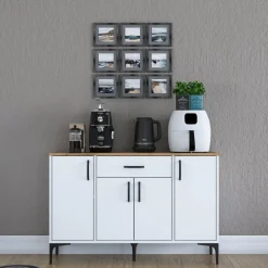 Credenza Bianco Marrone Rovere un Cassetto 2 Ripiani 120x40x79h cm, Apertura Battente, Scorrevole - Piobbico