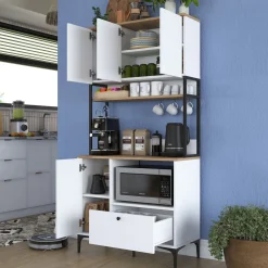 Credenza Bianco Marrone Rovere un Cassetto 2 Ripiani 90x38x184h cm, Apertura Battente, Scorrevole - Rapone