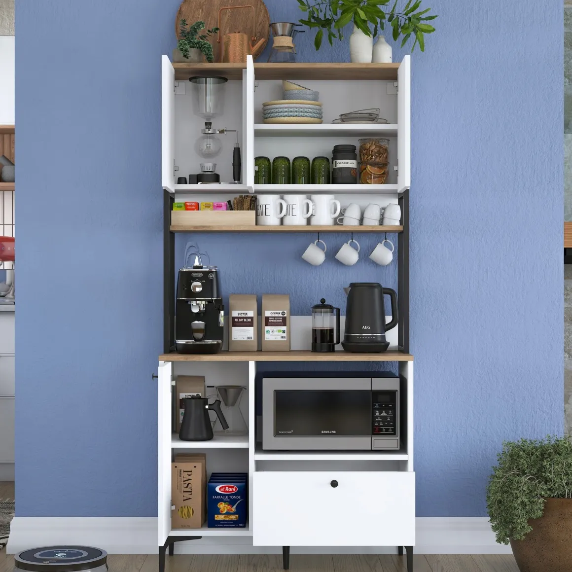 Credenza Bianco Marrone Rovere un Cassetto 2 Ripiani 90x38x184h cm, Apertura Battente, Scorrevole - Rapone