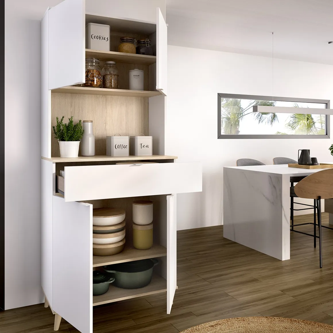 Credenza Bianco Marrone Rovere un Cassetto 4 Ripiani 40x60x191h cm, Apertura Battente, Scorrevole - Findlay