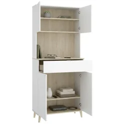 Madie|Credenze > Dmora Credenza Bianco Marrone Rovere un Cassetto 5 Ripiani 179.5x40x94h cm, Apertura Battente e Scorrevole - Levate Marrone, Bianco Rovere