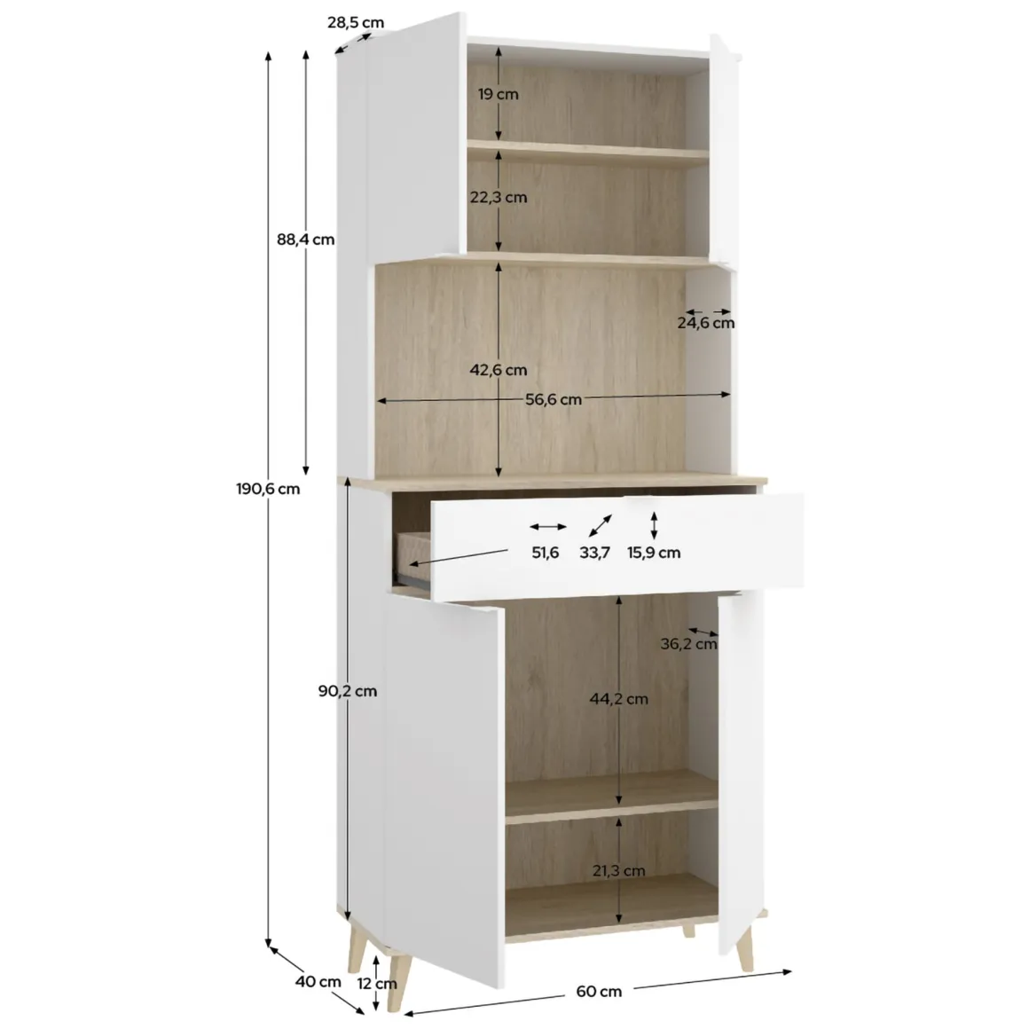 Credenza Bianco Marrone Rovere un Cassetto 4 Ripiani 40x60x191h cm, Apertura Battente, Scorrevole - Findlay