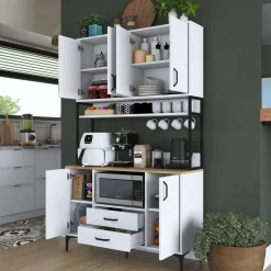 Credenze > Dmora Credenza Bianco Nero 2 Cassetti 5 Ripiani 120x38x199h cm, Apertura Battente, Scorrevole - Mairago Nero, Bianco