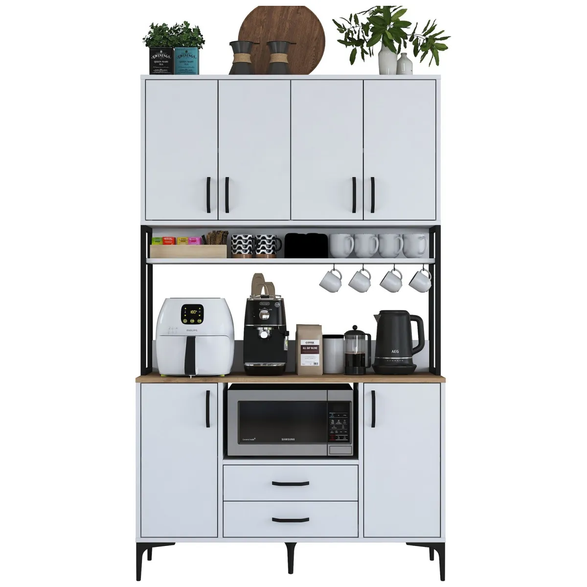 Credenze > Dmora Credenza Bianco Nero 2 Cassetti 5 Ripiani 120x38x199h cm, Apertura Battente, Scorrevole - Mairago Nero, Bianco