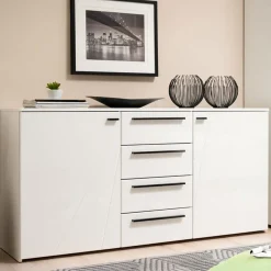 Credenza Bianco Nero 2 Ripiani 4 Cassetti 163x40x80.5h cm, 2 Ante - Maropati