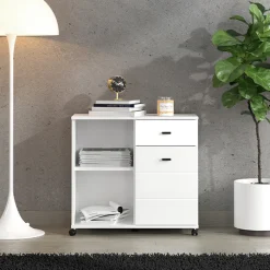 Credenza Bianco Nero 2 Ripiani un Cassetto 77x35x72h cm, Un'anta - Majuli
