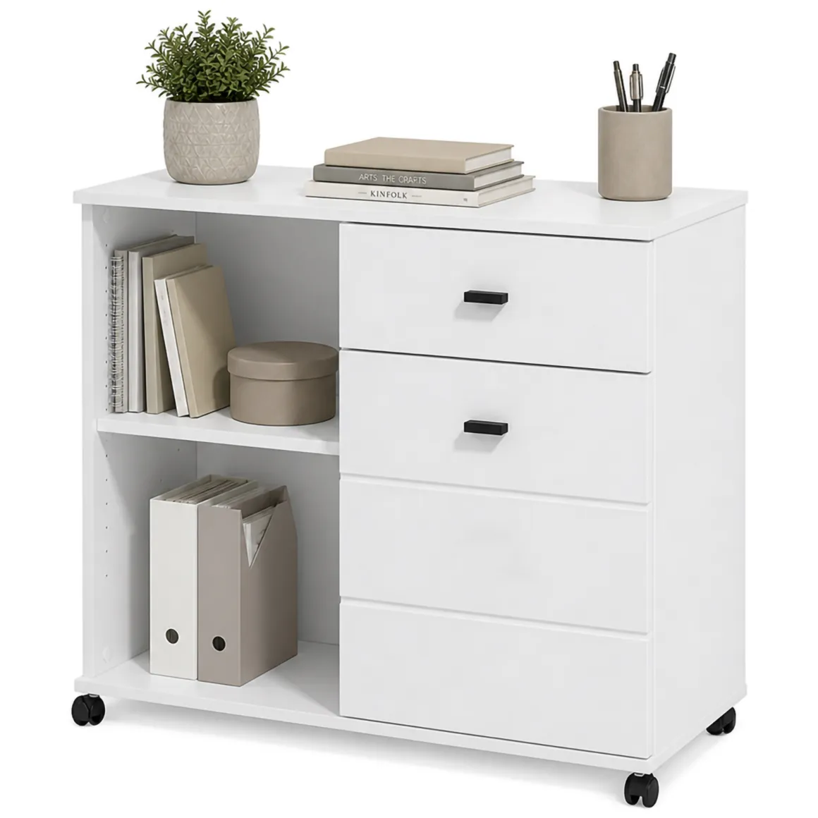 Credenza Bianco Nero 2 Ripiani un Cassetto 77x35x72h cm, Un'anta - Majuli