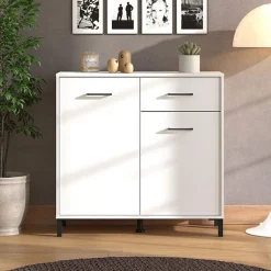 Credenza Bianco Nero 2 Ripiani un Cassetto 93x40x90h cm, 2 Ante - Laerruu