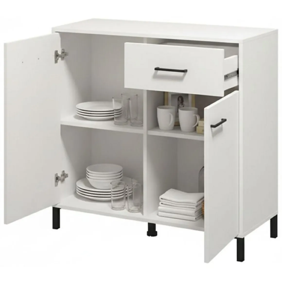 Credenza Bianco Nero 2 Ripiani un Cassetto 93x40x90h cm, 2 Ante - Laerruu