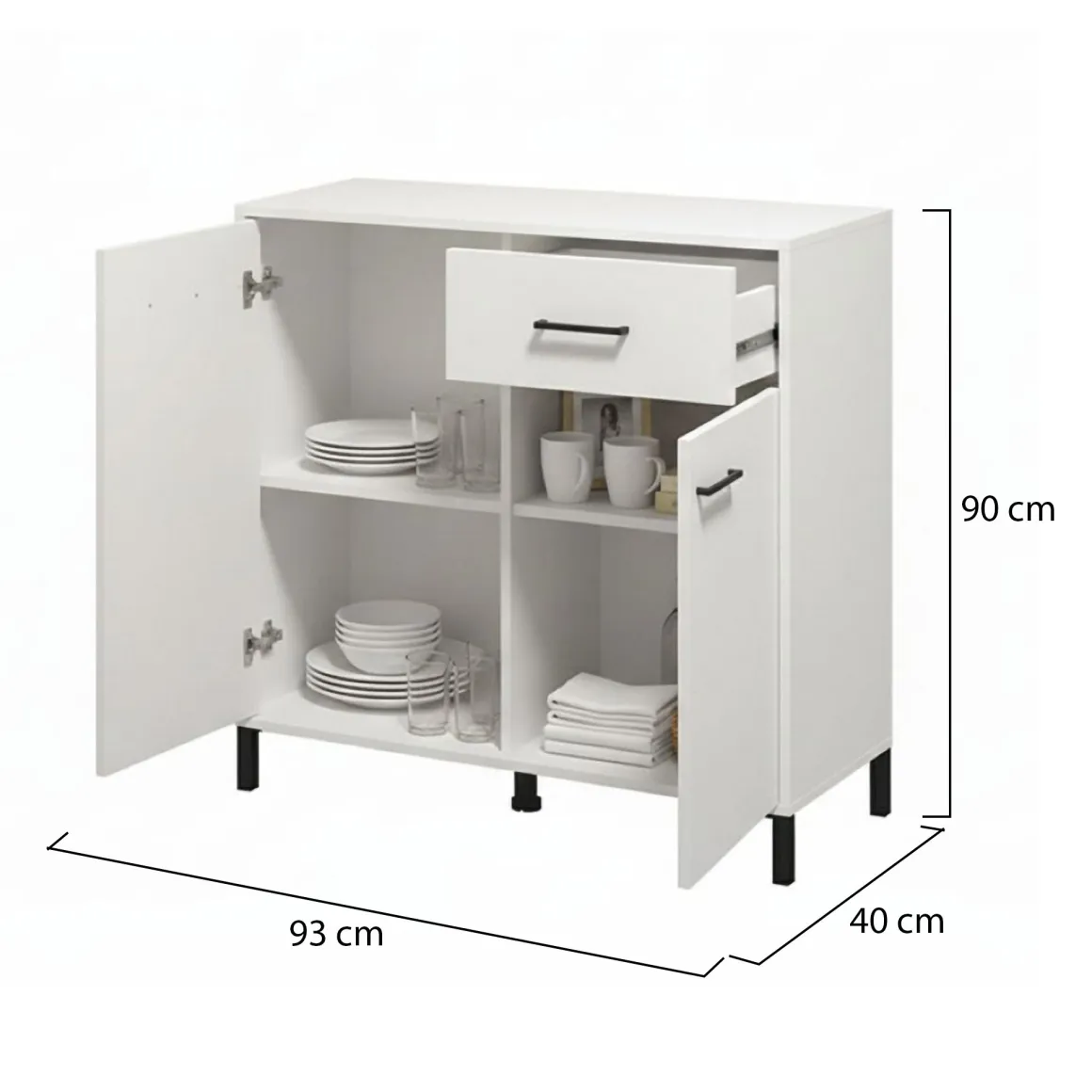 Credenza Bianco Nero 2 Ripiani un Cassetto 93x40x90h cm, 2 Ante - Laerruu