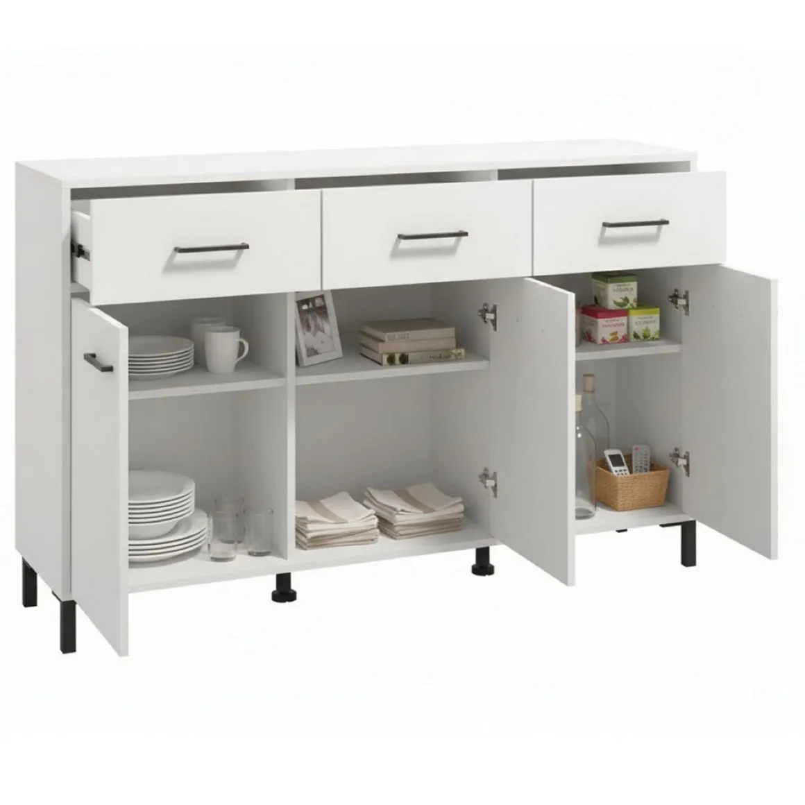 Credenza Bianco Nero 3 Ripiani 3 Cassetti 138x40x90h cm, 3 Ante - Laerru