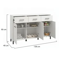 Credenza Bianco Nero 3 Ripiani 3 Cassetti 138x40x90h cm, 3 Ante - Laerru