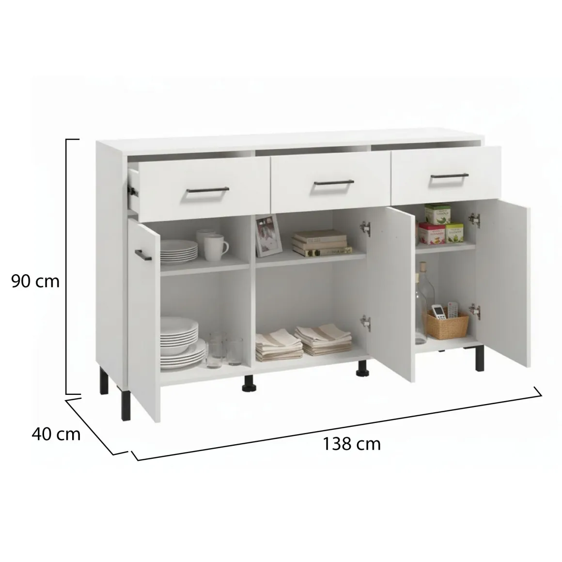 Credenza Bianco Nero 3 Ripiani 3 Cassetti 138x40x90h cm, 3 Ante - Laerru