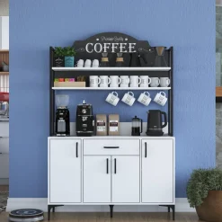 Madie|Credenze > Dmora Credenza Bianco Nero 5 Ripiani 3 Cassetti 90x40x199h cm, 2 Ante - Solofra Nero, Bianco