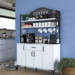 Madie|Credenze > Dmora Credenza Bianco Nero 5 Ripiani 3 Cassetti 90x40x199h cm, 2 Ante - Solofra Nero, Bianco