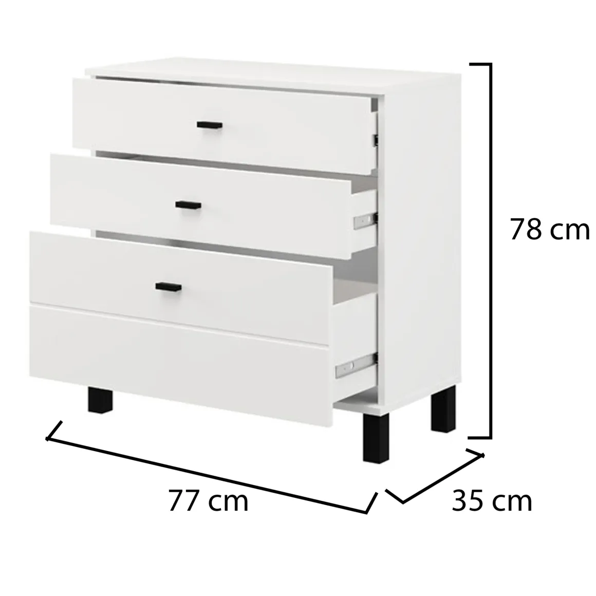 Credenza Bianco Opaco 3 Cassetti un Ripiano 77x35x78h cm, Apertura Scorrevole - Mindo