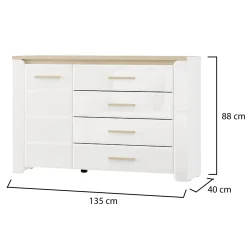 Credenze > Dmora Credenza Bianco Opaco Marrone Rovere 2 Ripiani 4 Cassetti 135x40x88h cm, Un'anta - Bicheno Marrone Rovere, Bianco Opaco