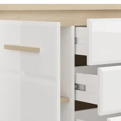 Credenze > Dmora Credenza Bianco Opaco Marrone Rovere 2 Ripiani 4 Cassetti 135x40x88h cm, Un'anta - Bicheno Marrone Rovere, Bianco Opaco