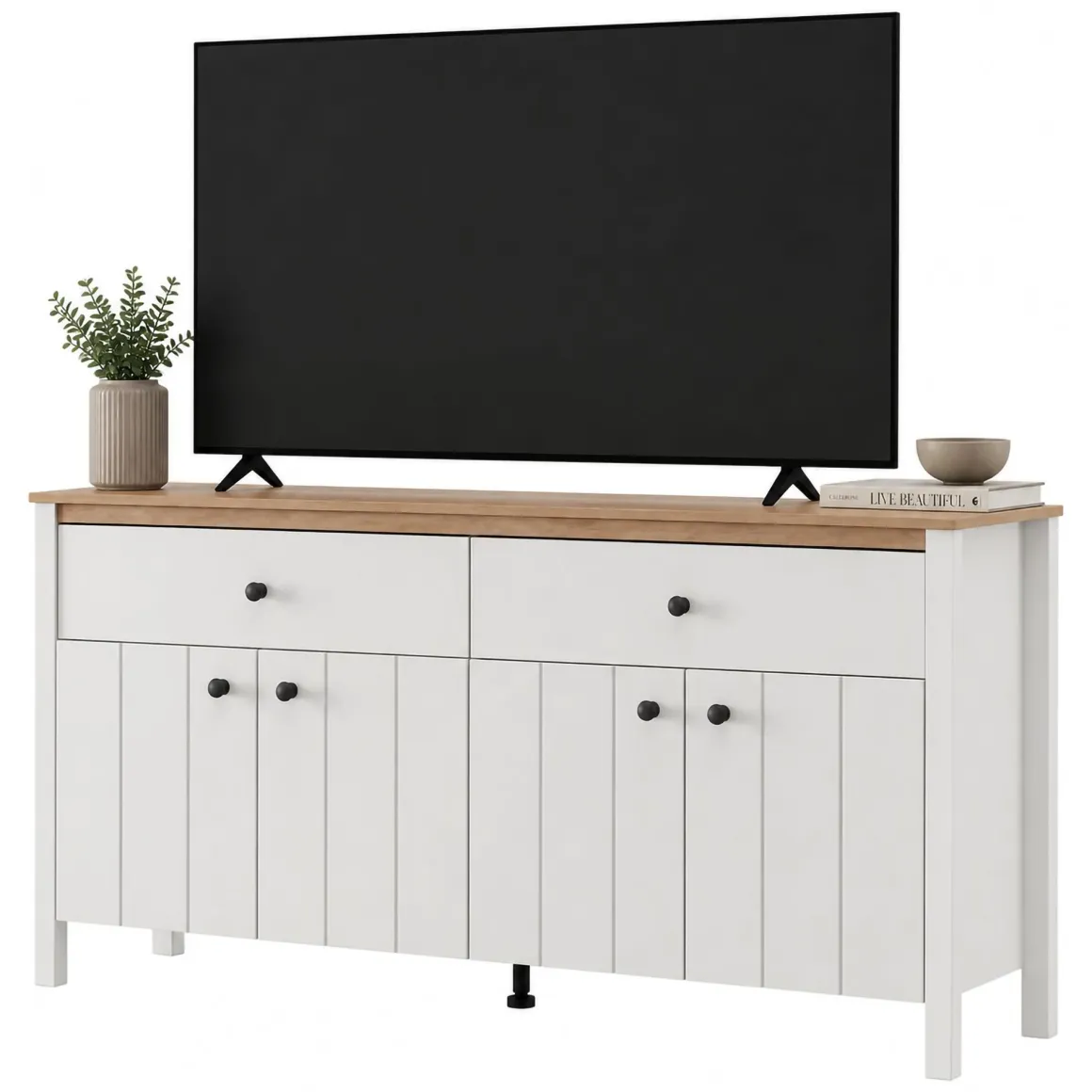 Credenza Bianco Opaco Marrone Rovere 3 Ripiani 2 Cassetti 163x40x92h cm, 4 Ante - Belve