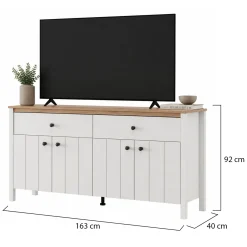 Credenza Bianco Opaco Marrone Rovere 3 Ripiani 2 Cassetti 163x40x92h cm, 4 Ante - Belve