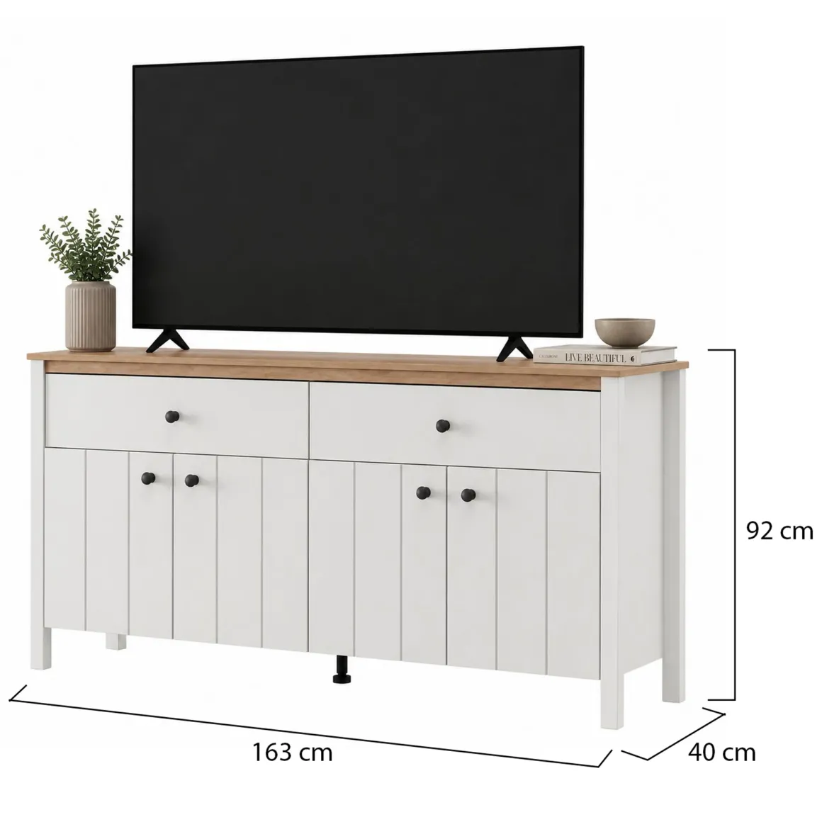 Credenza Bianco Opaco Marrone Rovere 3 Ripiani 2 Cassetti 163x40x92h cm, 4 Ante - Belve