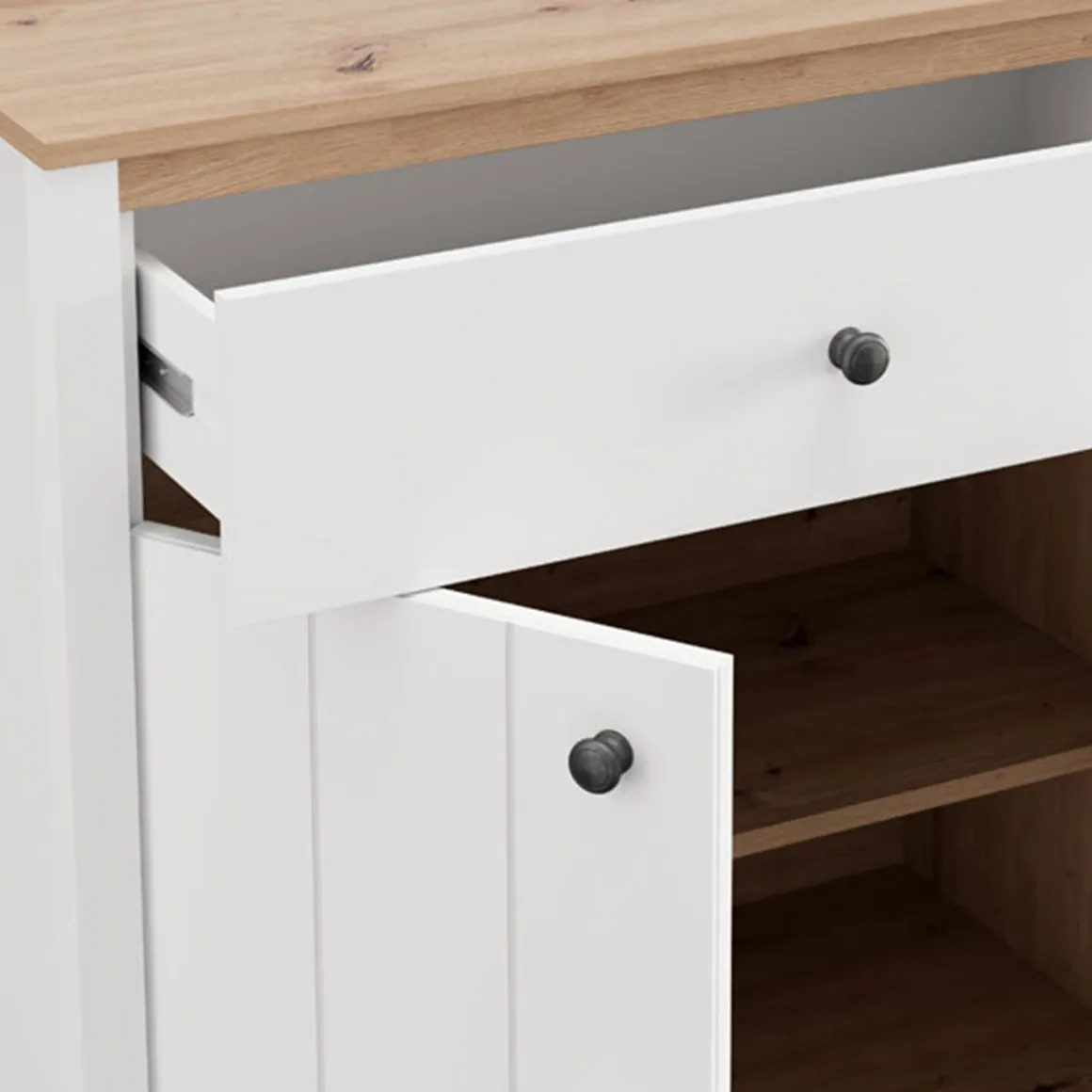 Credenza Bianco Opaco Marrone Rovere 3 Ripiani 2 Cassetti 163x40x92h cm, 4 Ante - Belve