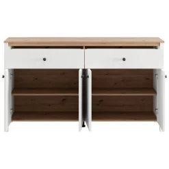 Credenza Bianco Opaco Marrone Rovere 3 Ripiani 2 Cassetti 163x40x92h cm, 4 Ante - Belve
