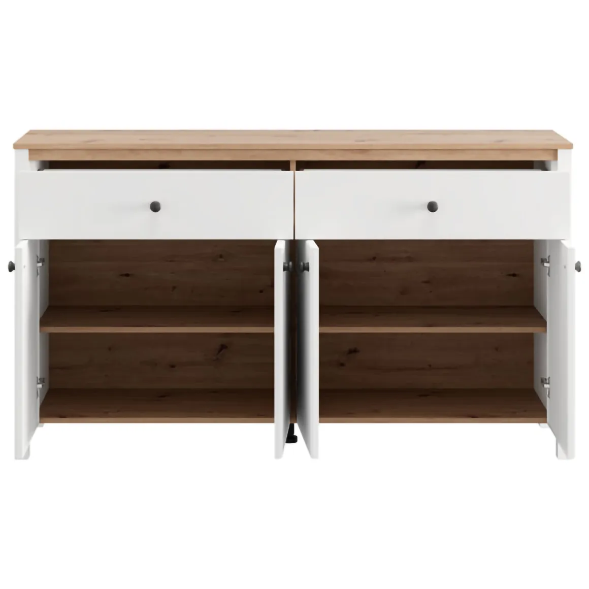 Credenza Bianco Opaco Marrone Rovere 3 Ripiani 2 Cassetti 163x40x92h cm, 4 Ante - Belve