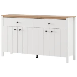 Credenza Bianco Opaco Marrone Rovere 3 Ripiani 2 Cassetti 163x40x92h cm, 4 Ante - Belve