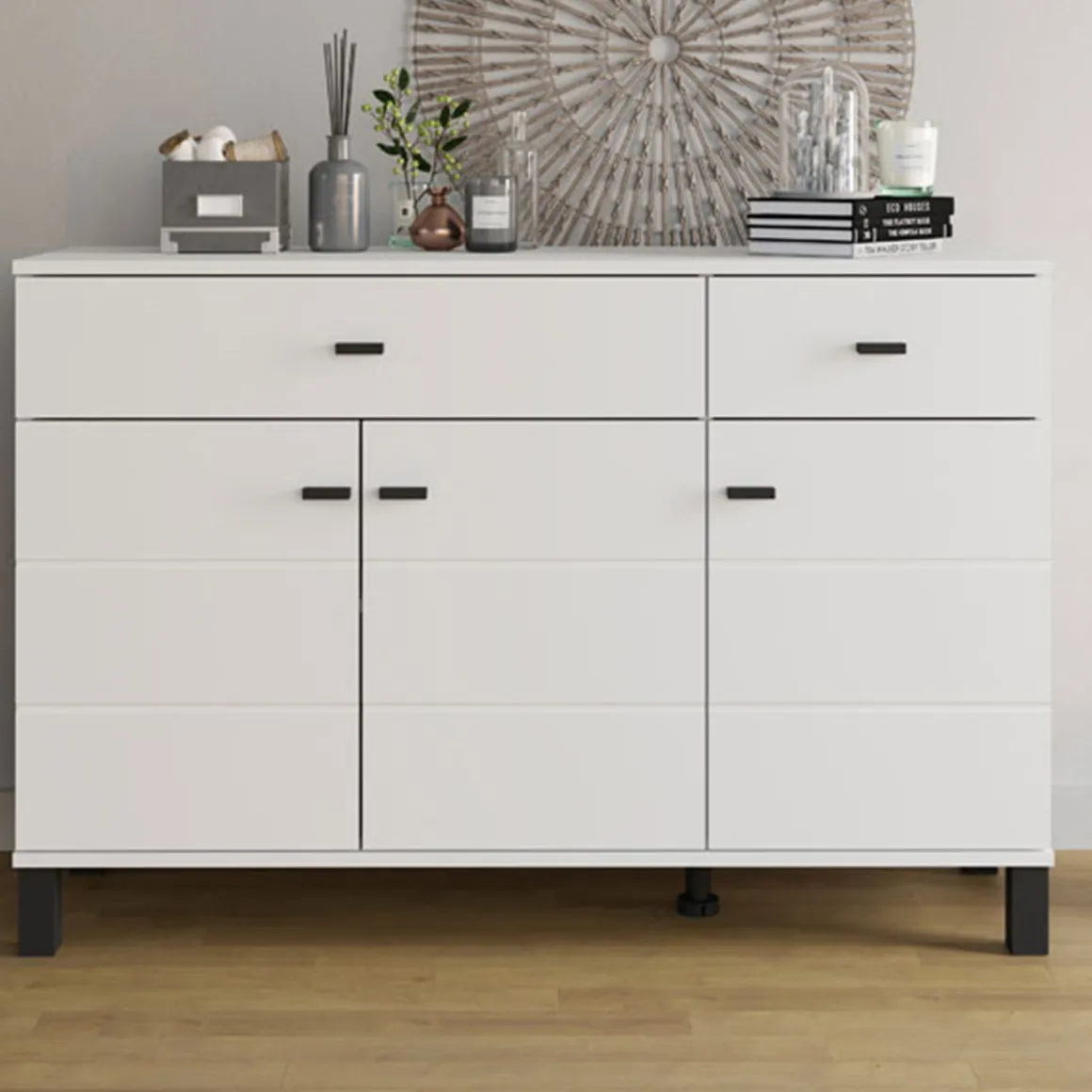 Credenze > Dmora Credenza Bianco Opaco Nero 3 Cassetti 2 Ripiani 116x35x78h cm, Apertura Battente, Scorrevole - Guatav Nero, Bianco Opaco