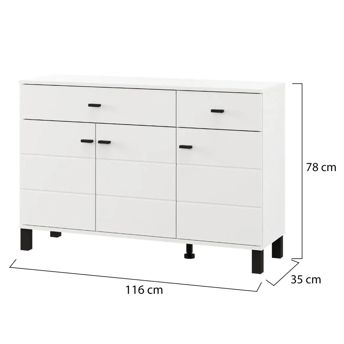 Credenze > Dmora Credenza Bianco Opaco Nero 3 Cassetti 2 Ripiani 116x35x78h cm, Apertura Battente, Scorrevole - Guatav Nero, Bianco Opaco