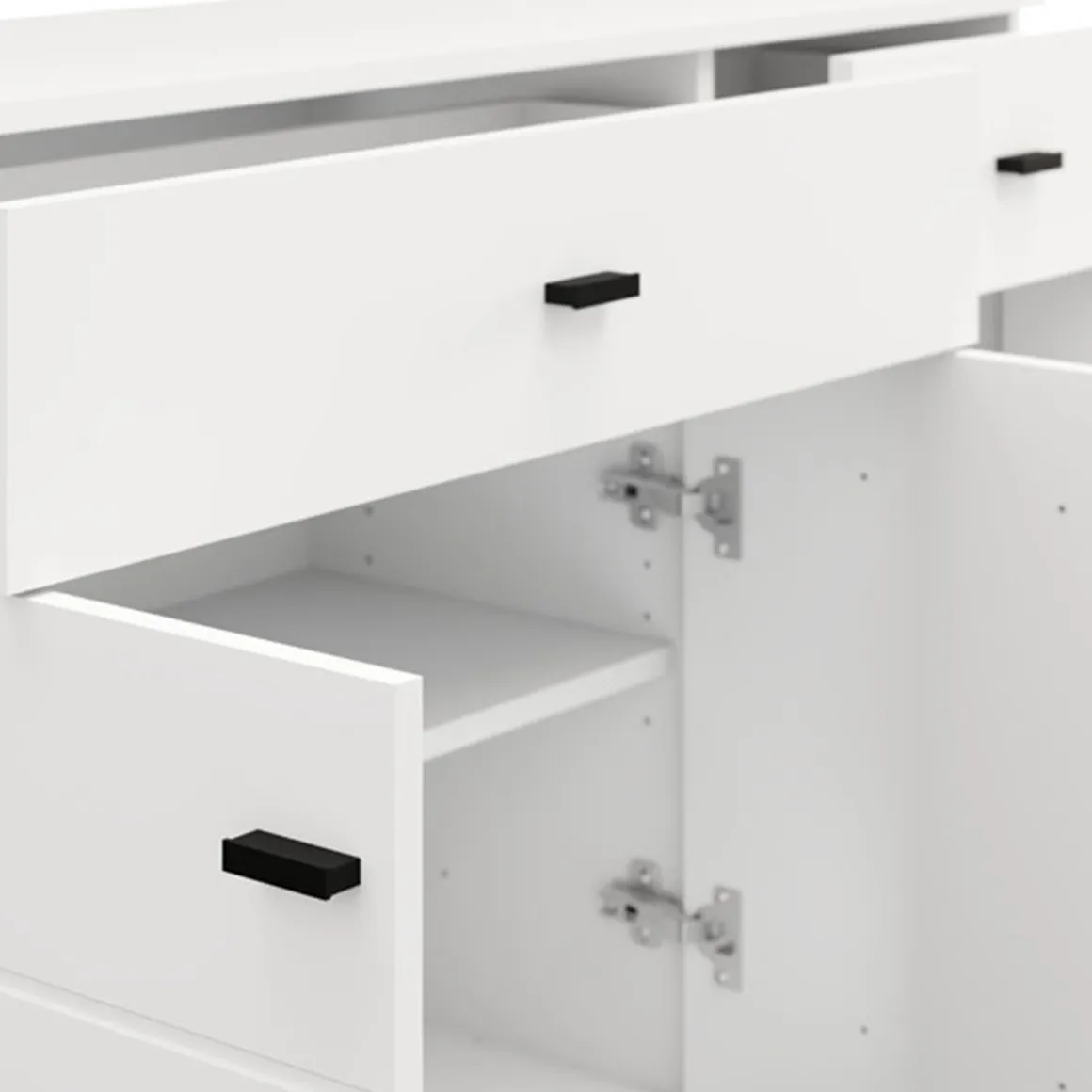 Credenze > Dmora Credenza Bianco Opaco Nero 3 Cassetti 2 Ripiani 116x35x78h cm, Apertura Battente, Scorrevole - Guatav Nero, Bianco Opaco