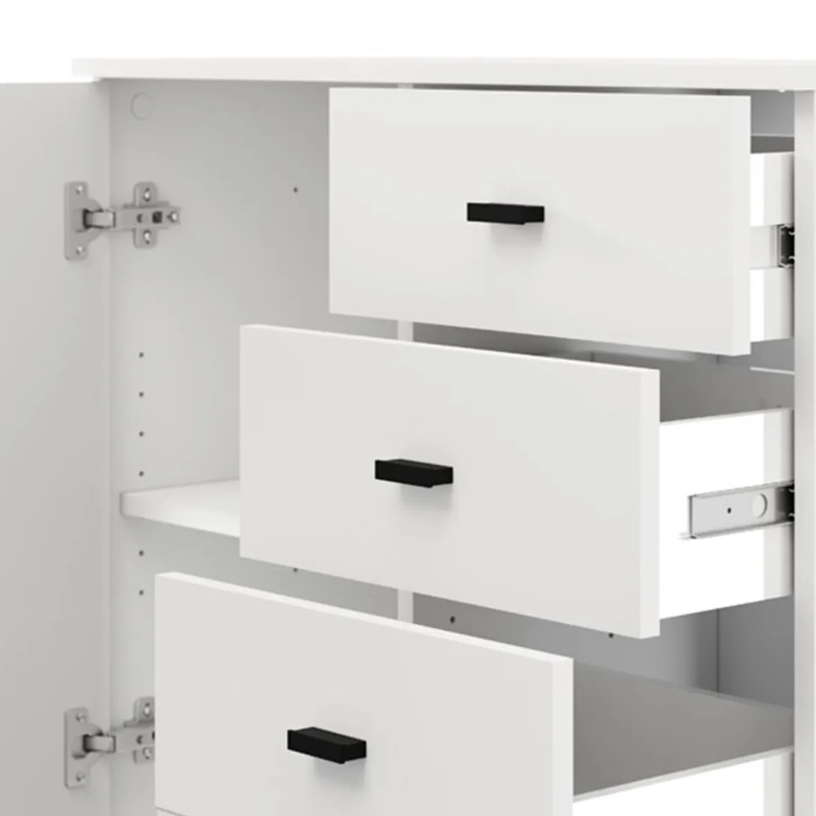 Credenza Bianco Opaco Nero 3 Cassetti 2 Ripiani 77x35x78h cm, Apertura Battente, Scorrevole - Ollant