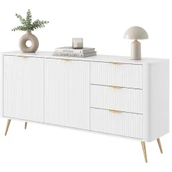 Credenze > Dmora Credenza Bianco oro 3 Cassetti 2 Ripiani 163x38x81h cm, Apertura Battente, Scorrevole - Halilala Oro, Bianco