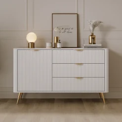 Credenza Bianco oro 3 Cassetti un Ripiano 138x38x81h cm, Apertura Battente, Scorrevole - Halilomo
