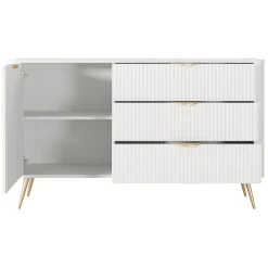 Credenze > Dmora Credenza Bianco oro 6 Cassetti un Ripiano 163x38x81h cm, Apertura Scorrevole - Hali Oro, Bianco