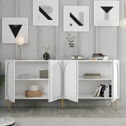 Credenza Bianco oro 2 Ripiani 4 Ante 180x35x80h cm, 4 Vani - Torno
