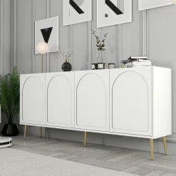 Credenza Bianco oro 2 Ripiani 4 Ante 180x35x80h cm, 4 Vani - Torno