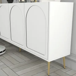 Credenza Bianco oro 2 Ripiani 4 Ante 180x35x80h cm, 4 Vani - Torno