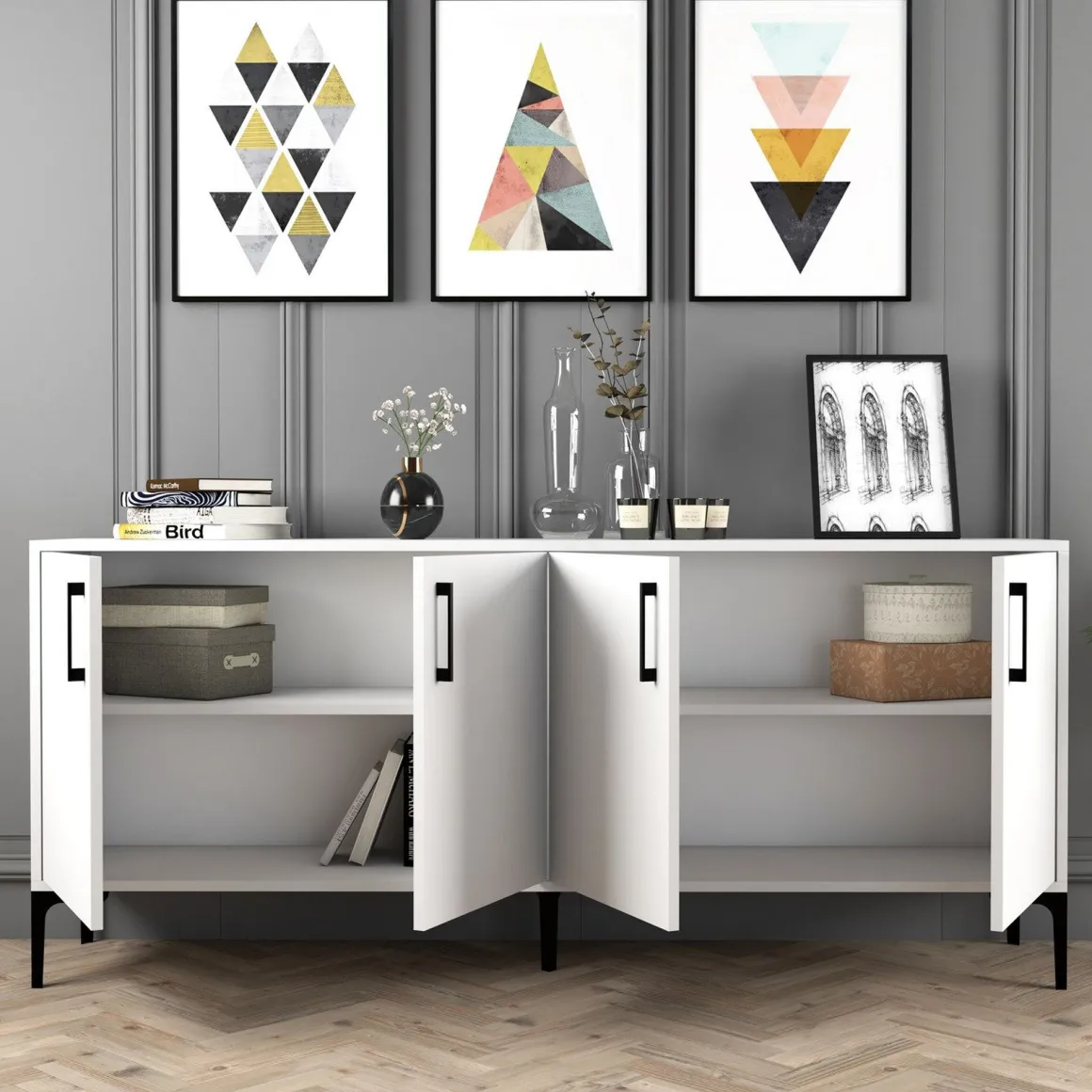Credenza Bianco 2 Ripiani 4 Ante 180x35x78h cm, 4 Vani - Pollein
