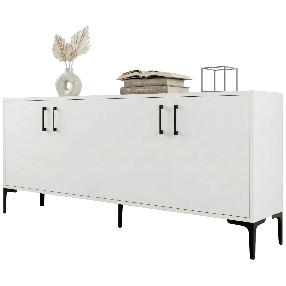 Credenza Bianco 2 Ripiani 4 Ante 180x35x78h cm, 4 Vani - Pollein