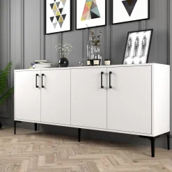 Credenza Bianco 2 Ripiani 4 Ante 180x35x78h cm, 4 Vani - Pollein