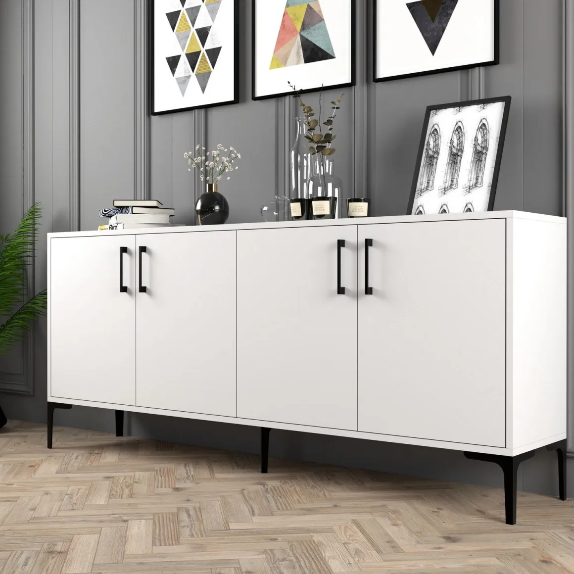 Credenza Bianco 2 Ripiani 4 Ante 180x35x78h cm, 4 Vani - Pollein