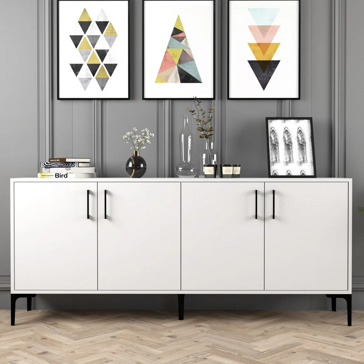Credenza Bianco 2 Ripiani 4 Ante 180x35x78h cm, 4 Vani - Pollein