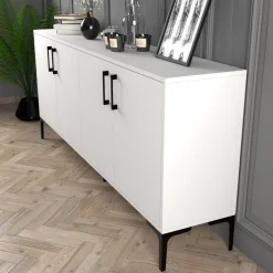 Credenza Bianco 2 Ripiani 4 Ante 180x35x78h cm, 4 Vani - Pollein